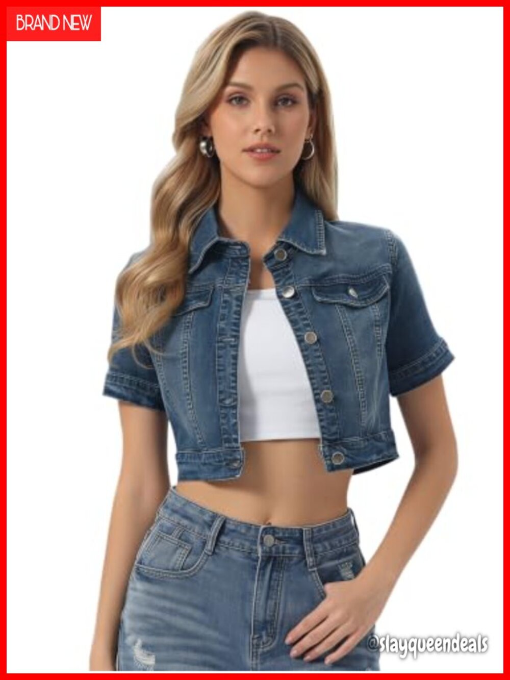 Short Sleeve Cropped Denim Jacket Cotton Blend Button Down Jean Jacket